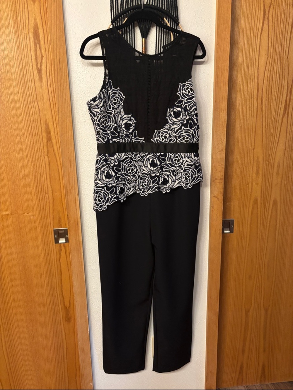 Chelsea28 Black Jumpsuit with White Floral Lace Appliqué